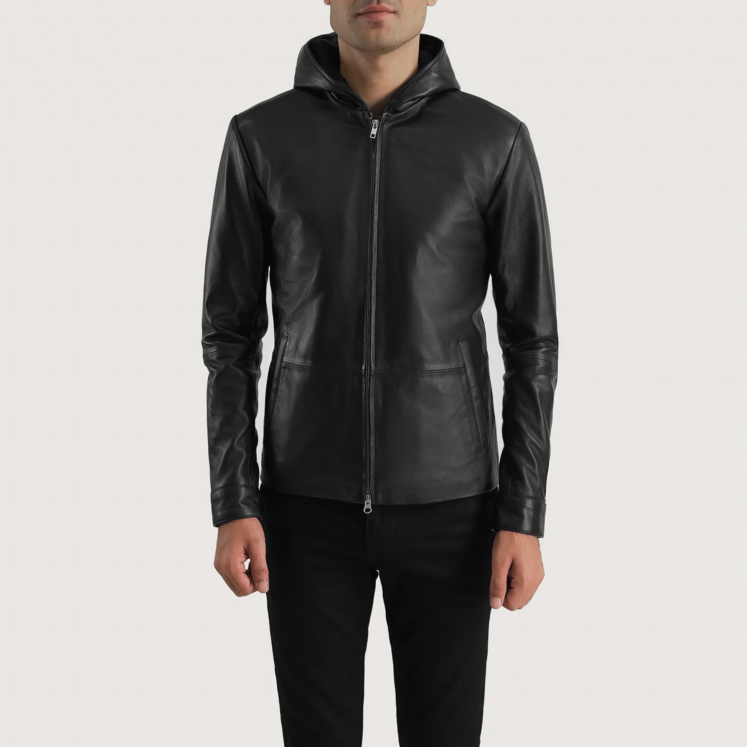 Aurified - Black Leather Jacket with Hood - Front View