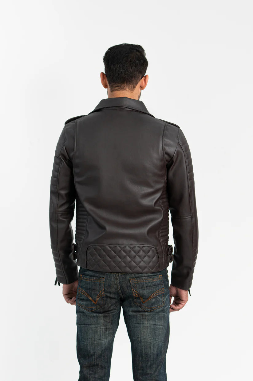 Back view of Aurenza brown quilted faux leather jacket – diamond quilted design