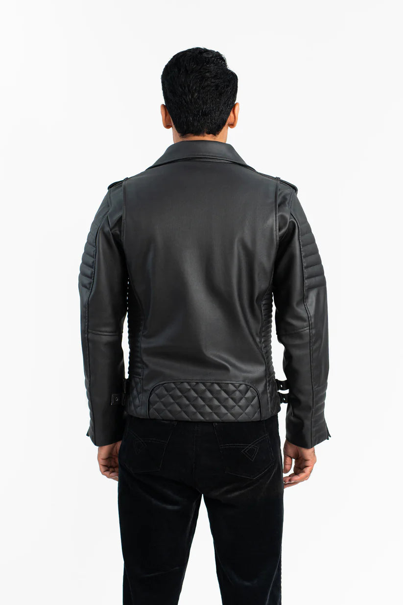 Back View of Luxe Quilted Faux Leather Jacket – Diamond Quilted Pattern and Tailored Fit for Men