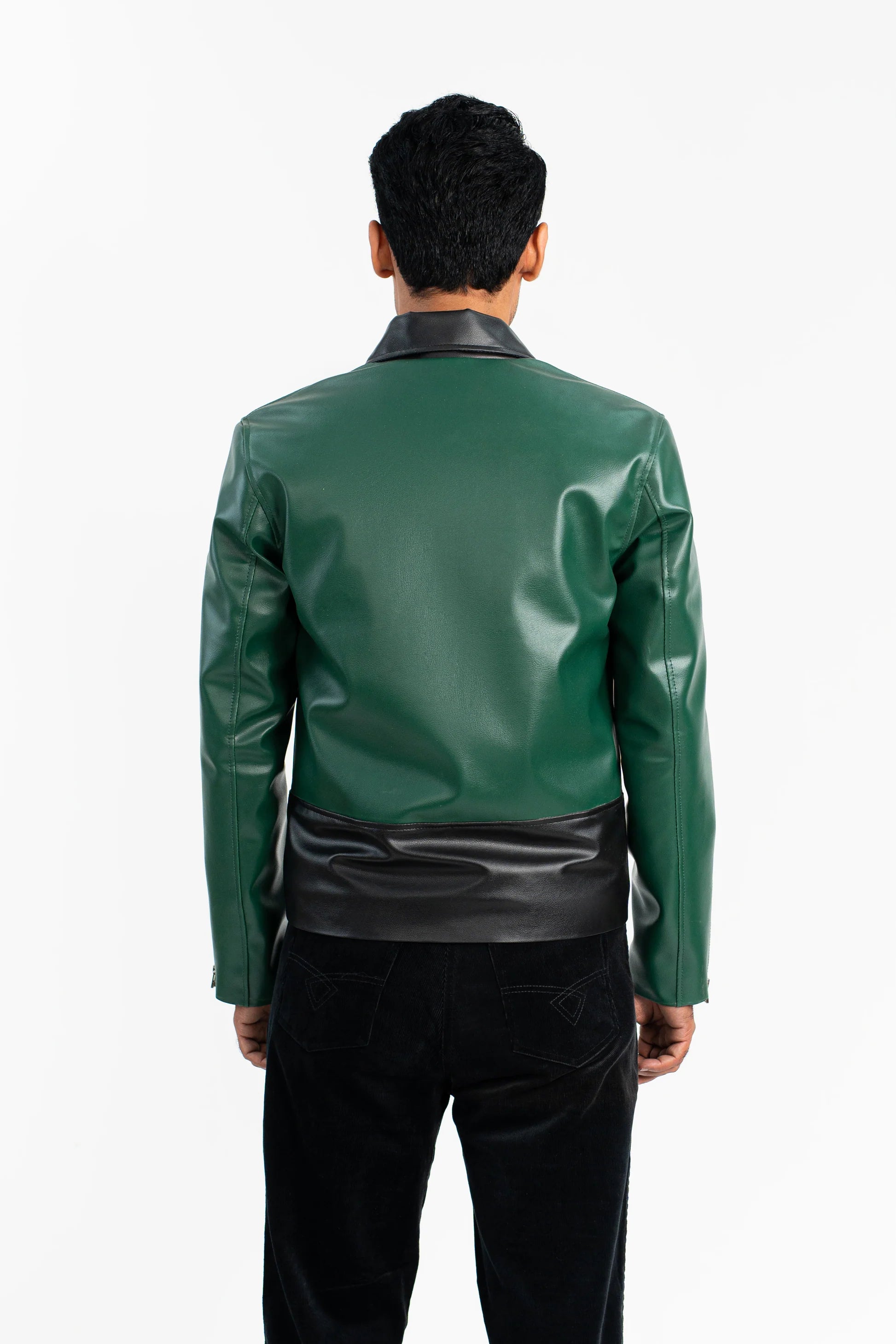 Back view of Virid Luxe Faux Leather Jacket showing structured back in green tone