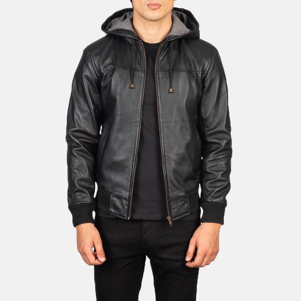 Nintenzo Men's Hooded Leather Jacket