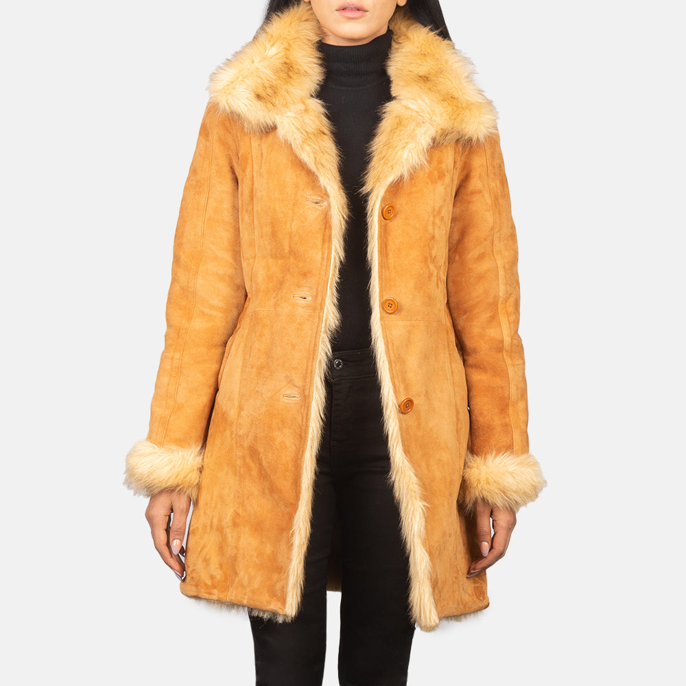 Erica Shearling Long Leather Coat For Women