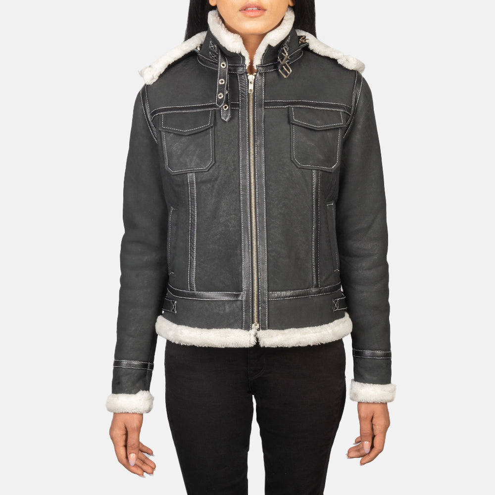 Fiona Matte Black-White Hooded Shearling Leather Jacket