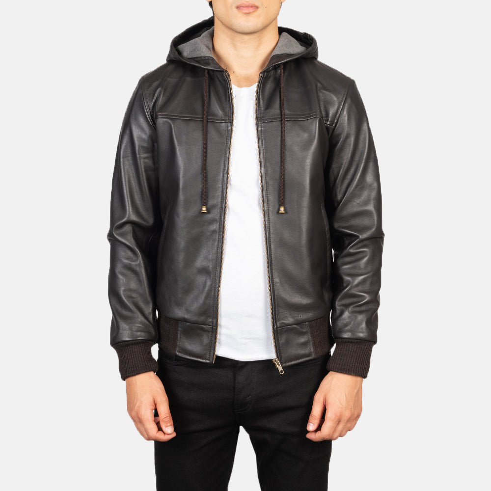 Nintenzo Men's Hooded Leather Jacket