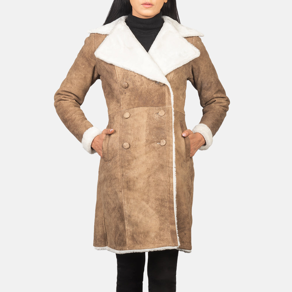 Amie Brown Double Breasted Long Shearling Coat