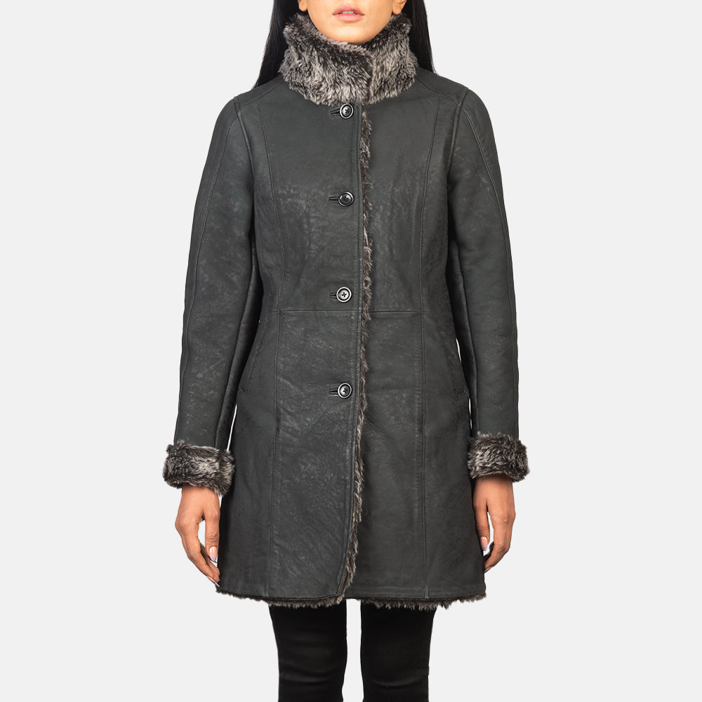 Erica Shearling Long Leather Coat For Women