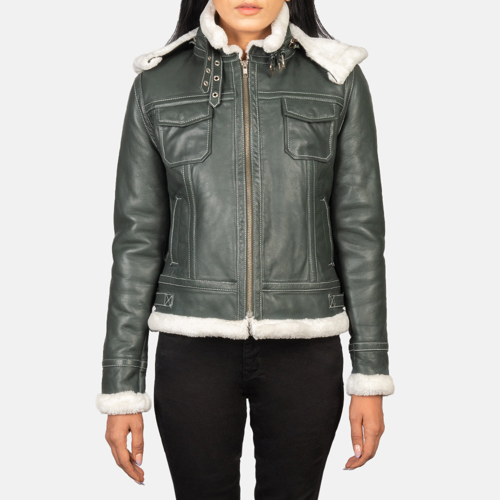 Fiona Green-White Hooded Shearling Leather Jacket
