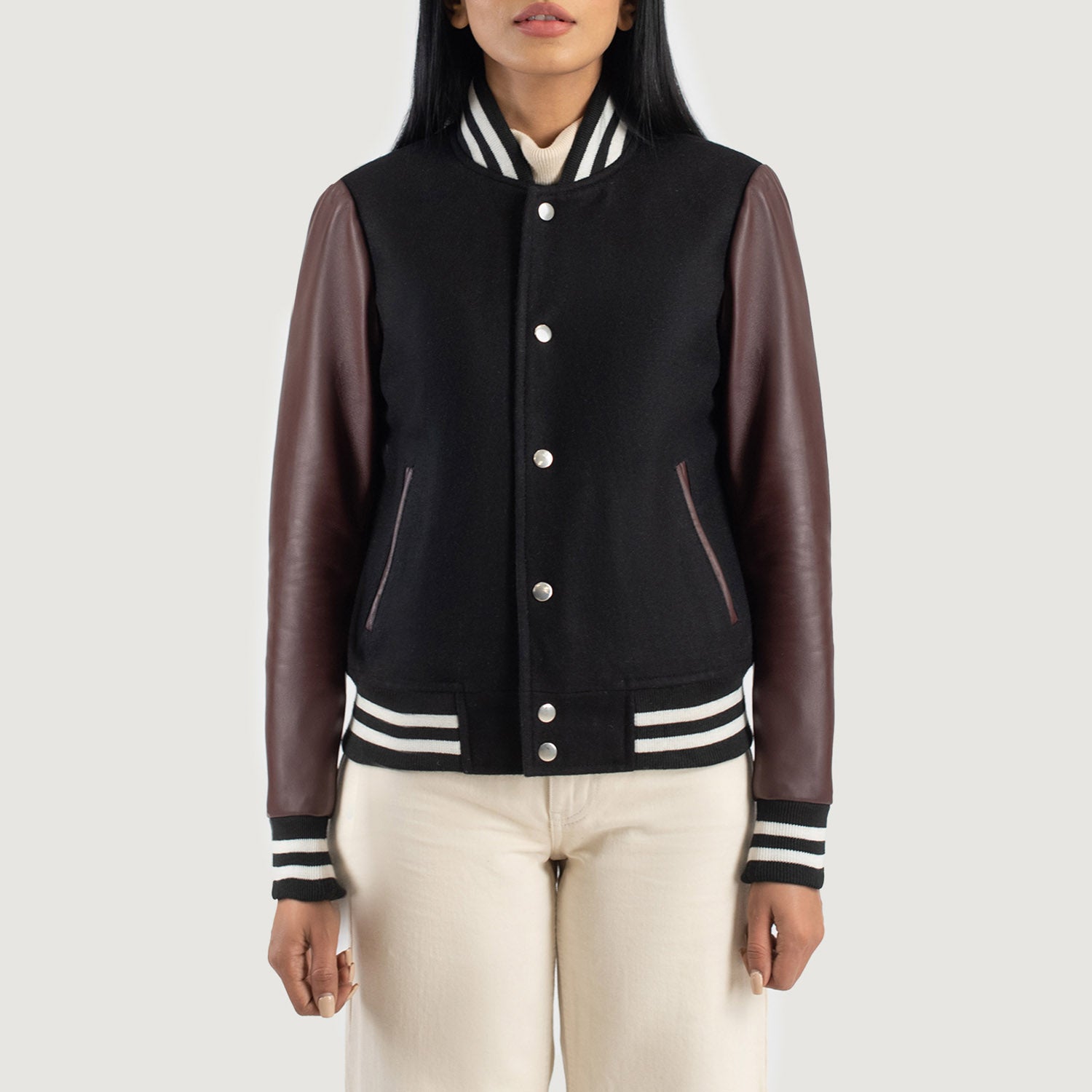 Savant Hybrid Black-Maroon Varsity Jacket For Women