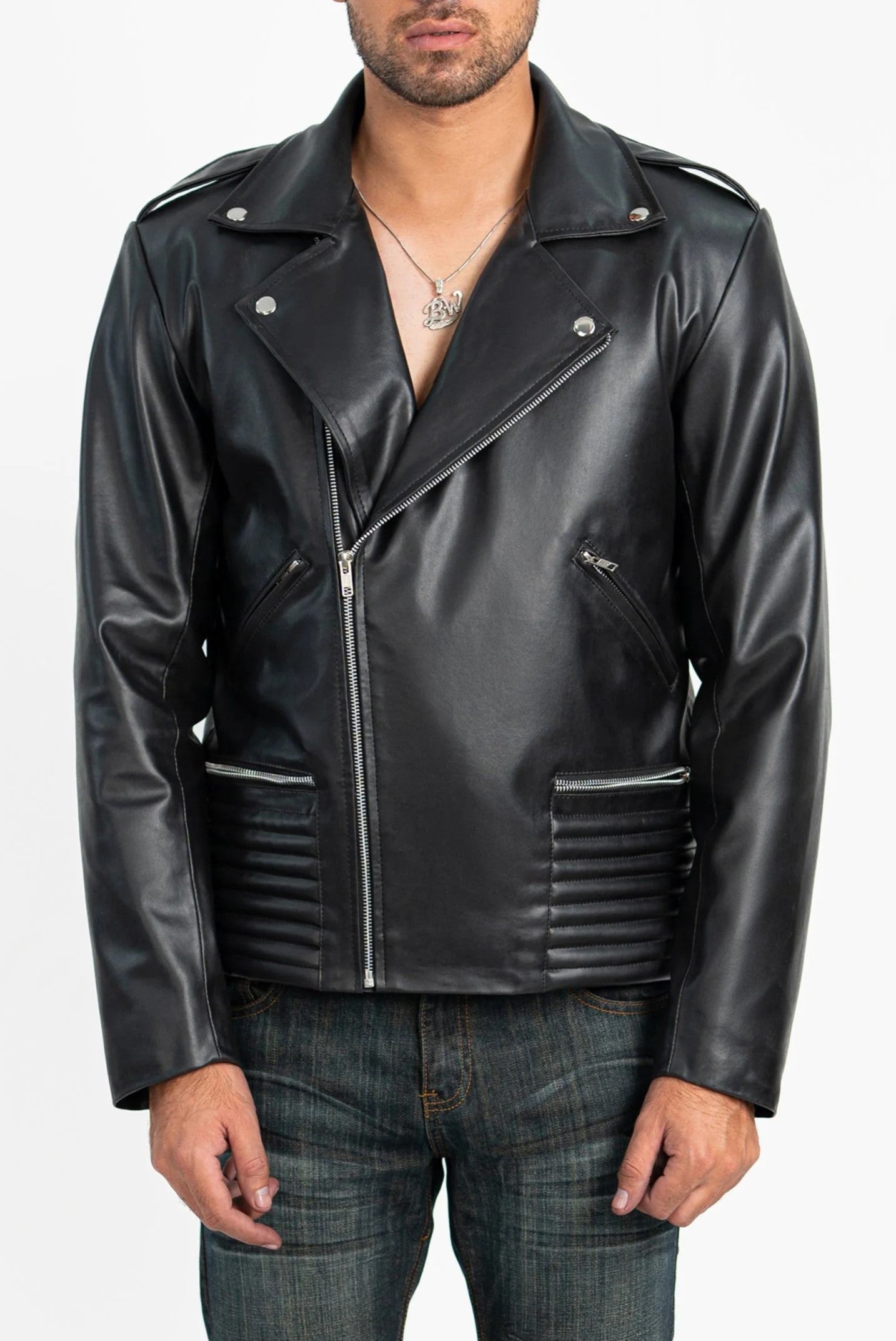Aurified Men’s Vanguard Faux Leather Biker Jacket – Front View, Premium Black Design for Modern Style