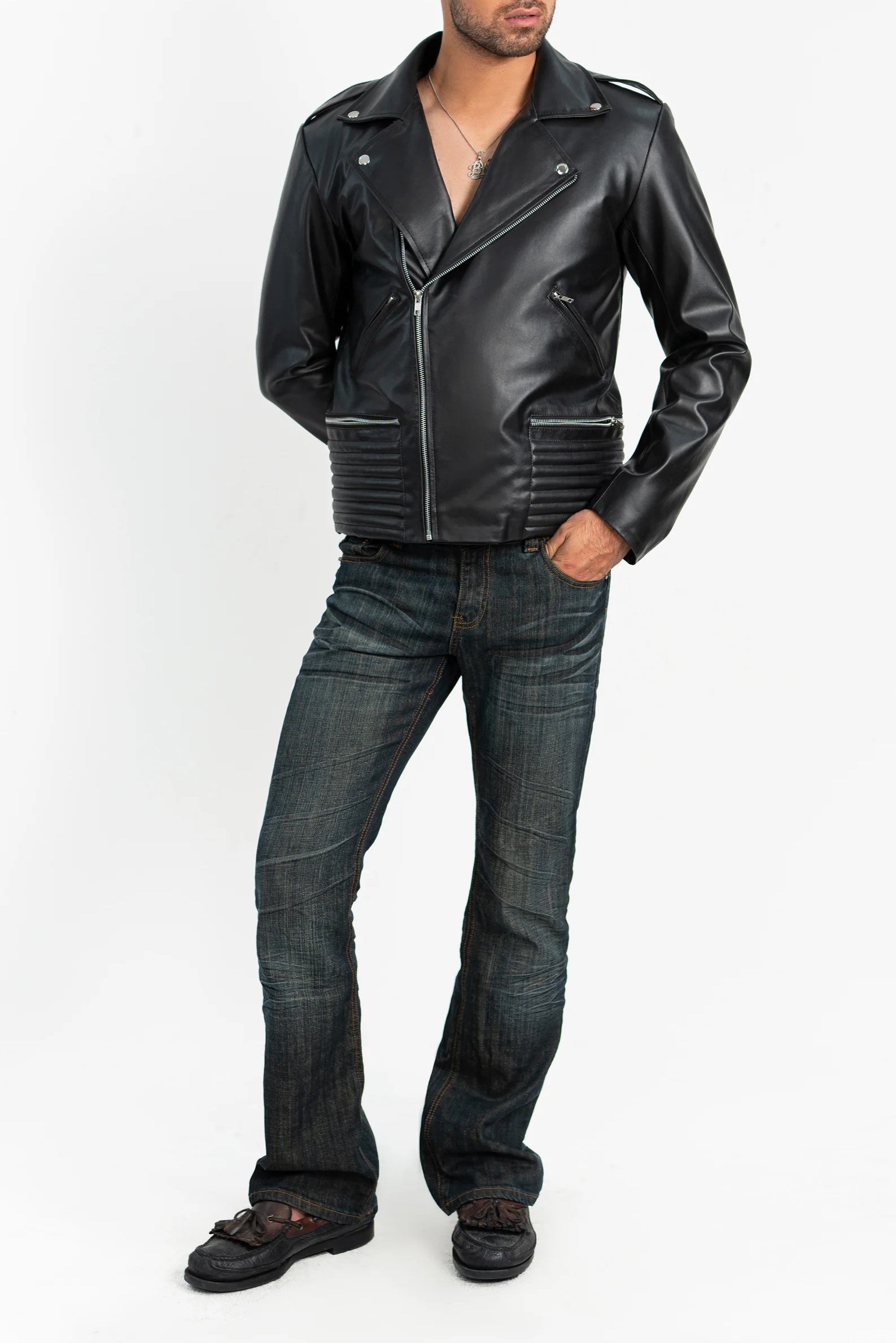 Model Wearing Aurified Men’s Vanguard Faux Leather Biker Jacket – Stylish and Sustainable Streetwear Look