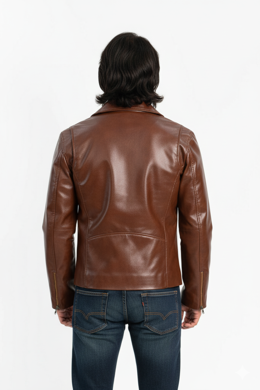 Back View of Aurified Iconic Brown Zipper Faux Leather Jacket – Clean Silhouette and Warm Tone