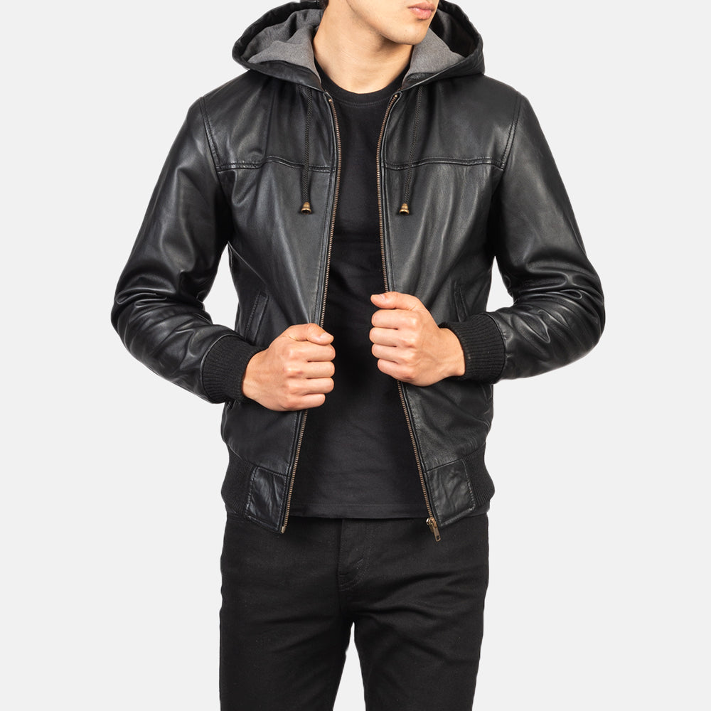 Nintenzo Men's Hooded Leather Jacket