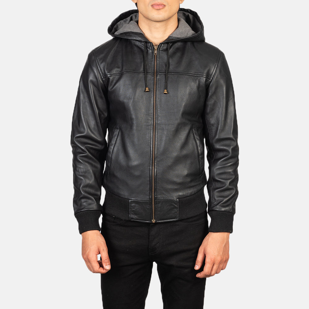 Nintenzo Men's Hooded Leather Jacket