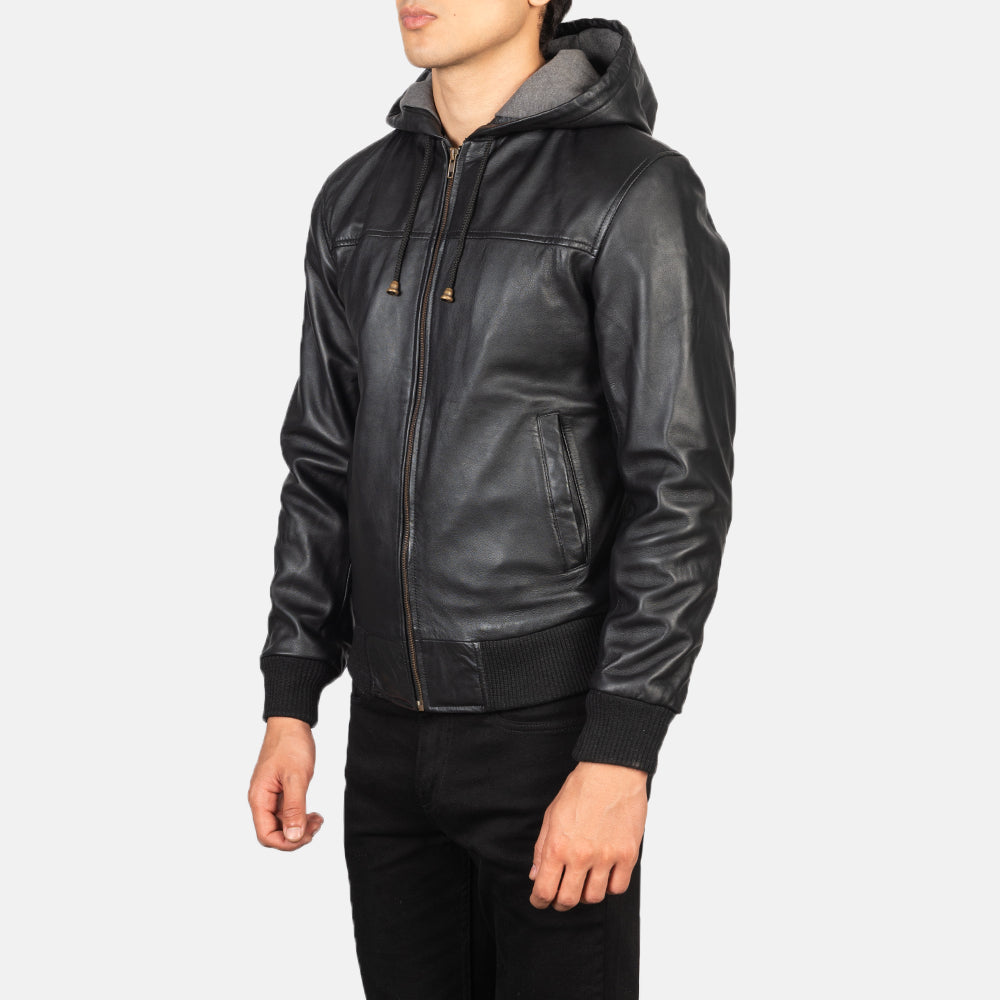 Nintenzo Men's Hooded Leather Jacket