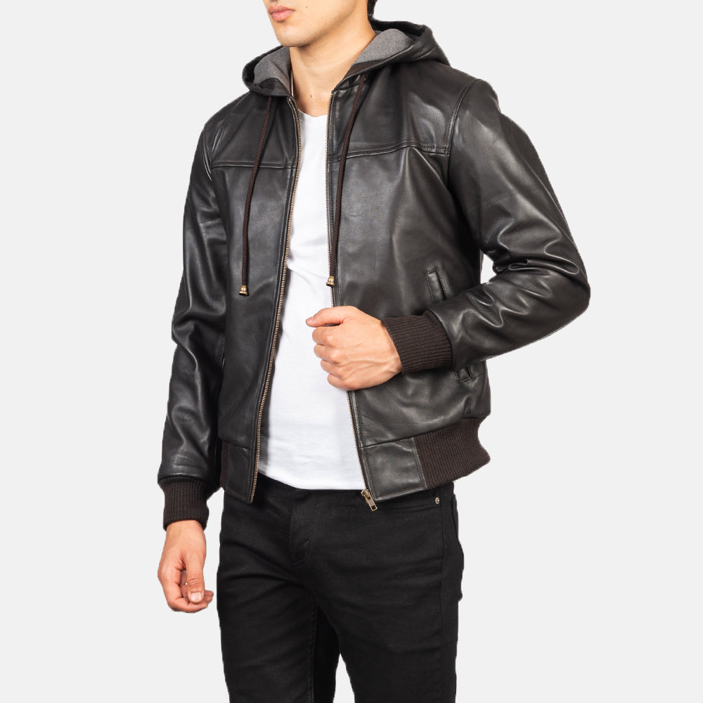 Nintenzo Men's Hooded Leather Jacket