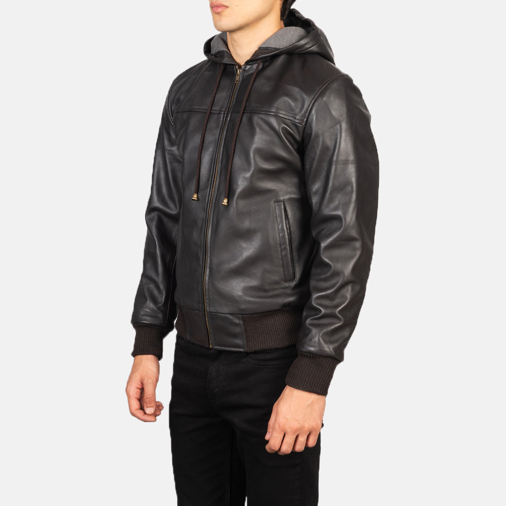 Nintenzo Men's Hooded Leather Jacket