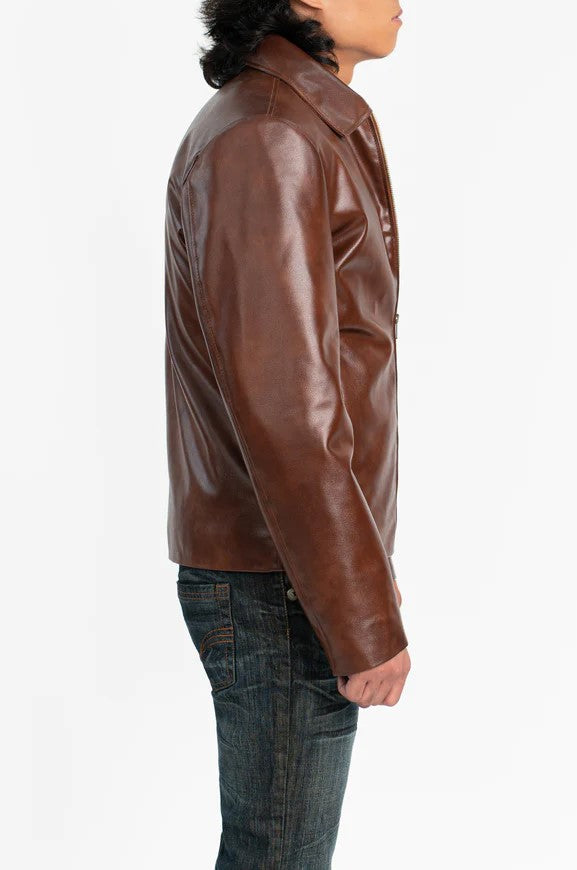 Aurified Iconic Brown Jacket Side Profile in Vegan Leather