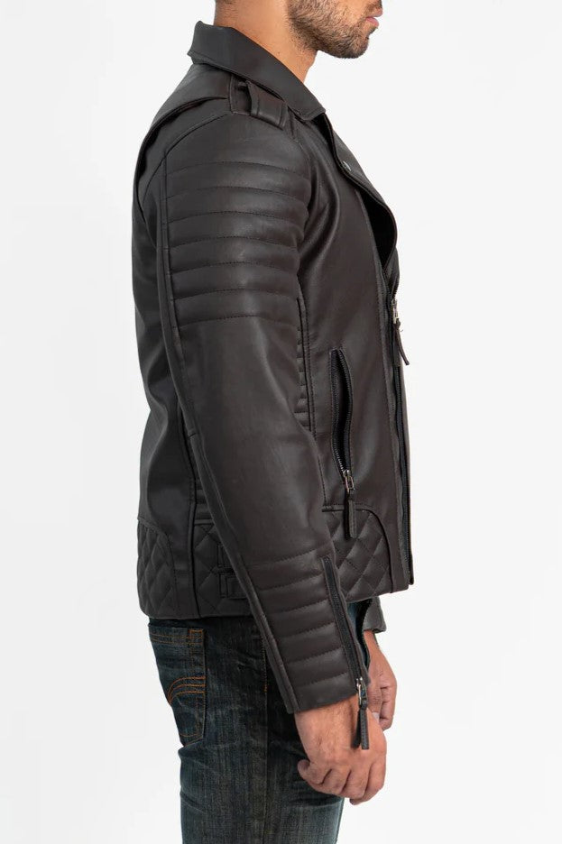 Side profile of Aurenza Brown Quilted Faux Leather Jacket in vegan leather