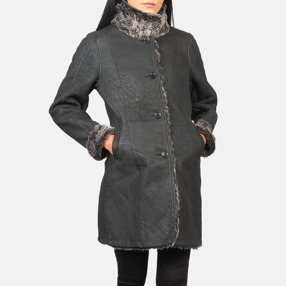 Erica Shearling Long Leather Coat For Women