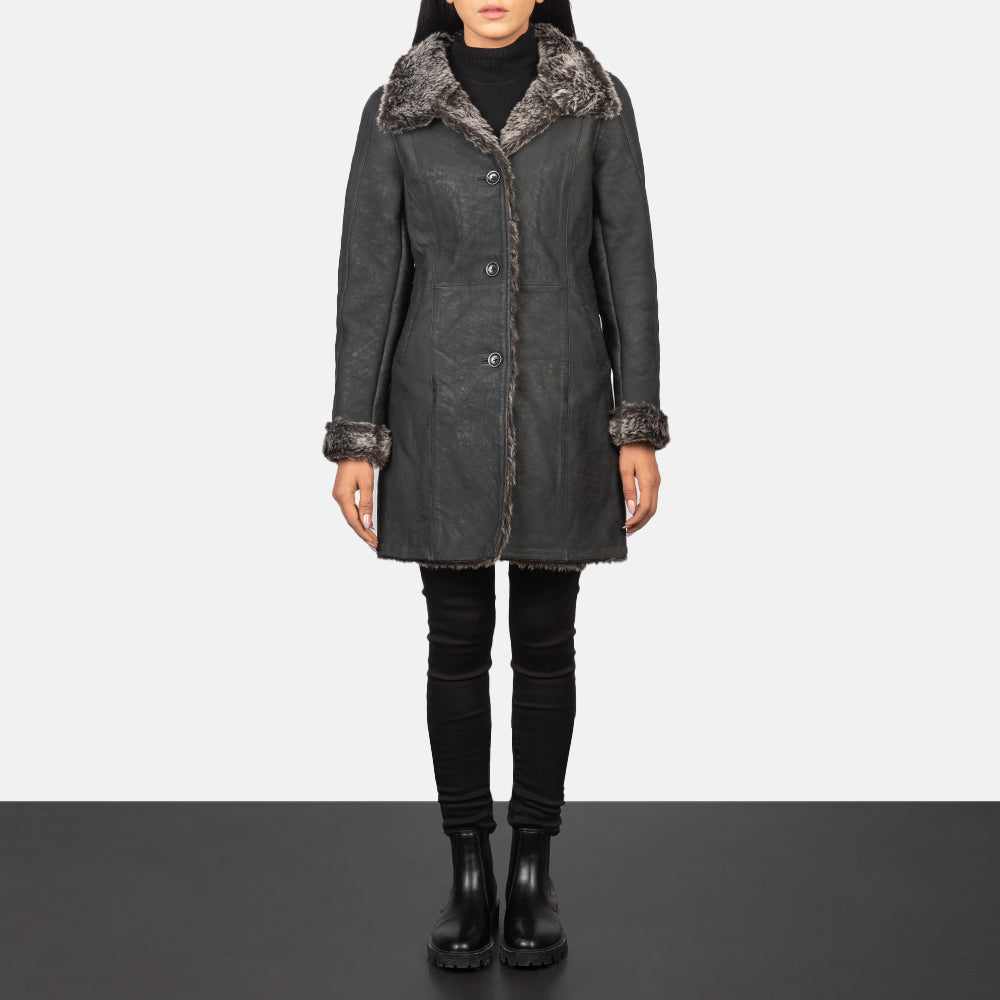 Erica Shearling Long Leather Coat For Women