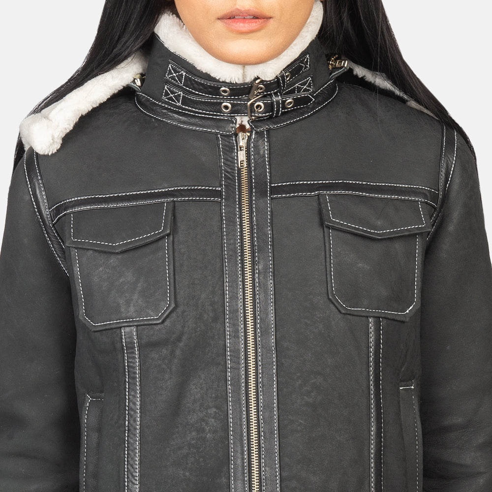 Fiona Matte Black-White Hooded Shearling Leather Jacket