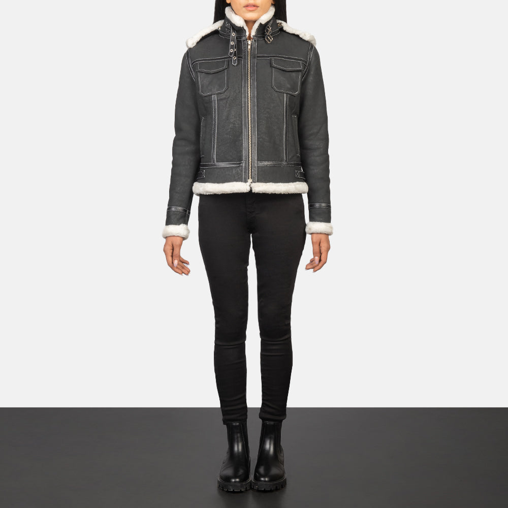 Fiona Matte Black-White Hooded Shearling Leather Jacket