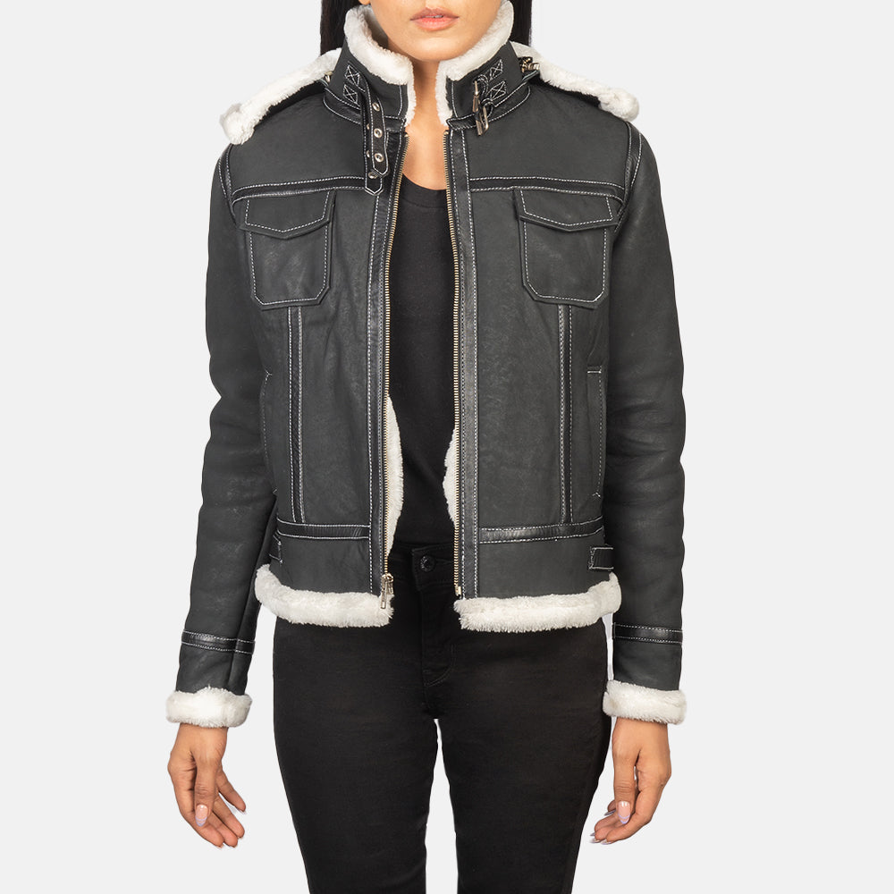 Fiona Matte Black-White Hooded Shearling Leather Jacket
