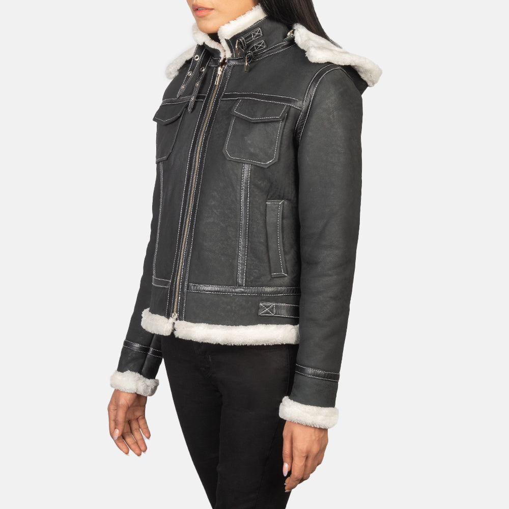 Fiona Matte Black-White Hooded Shearling Leather Jacket