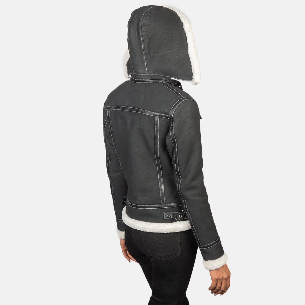 Fiona Matte Black-White Hooded Shearling Leather Jacket