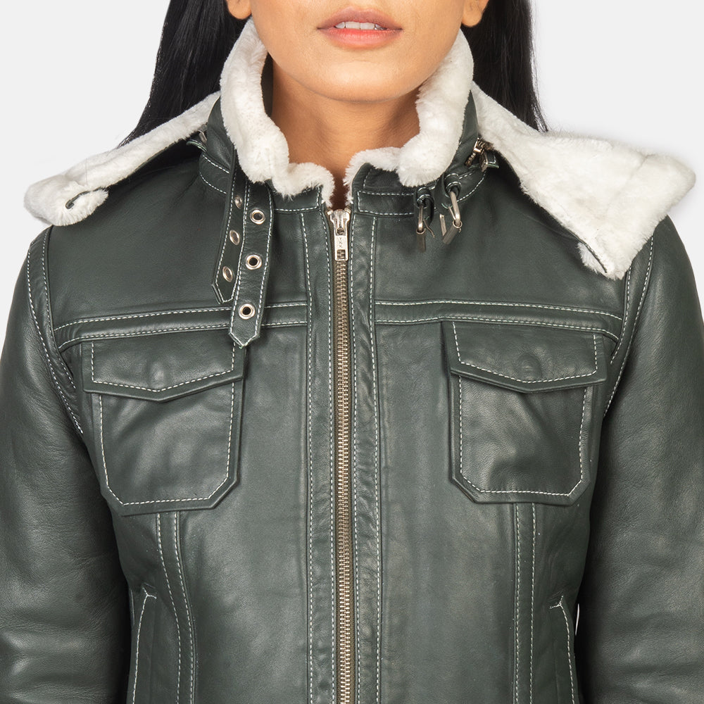 Fiona Green-White Hooded Shearling Leather Jacket