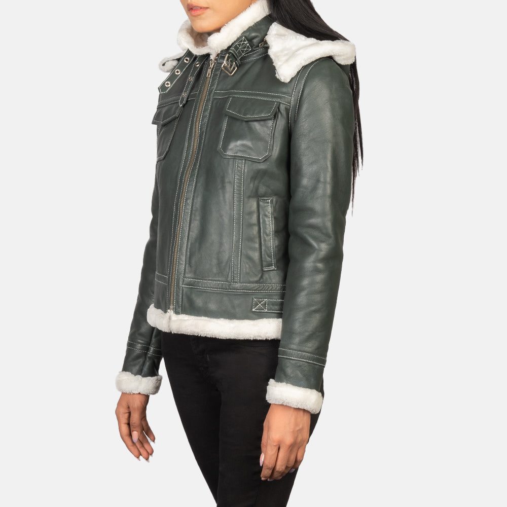 Fiona Green-White Hooded Shearling Leather Jacket