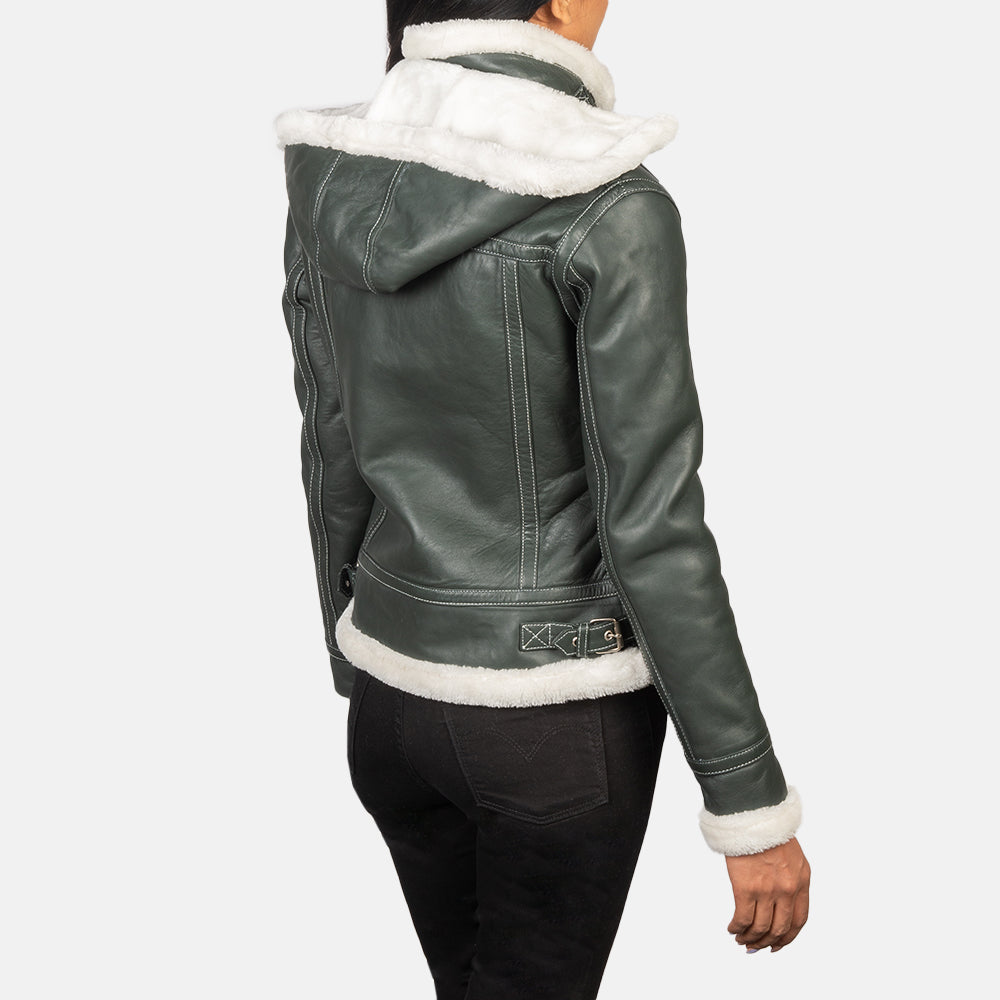 Fiona Green-White Hooded Shearling Leather Jacket