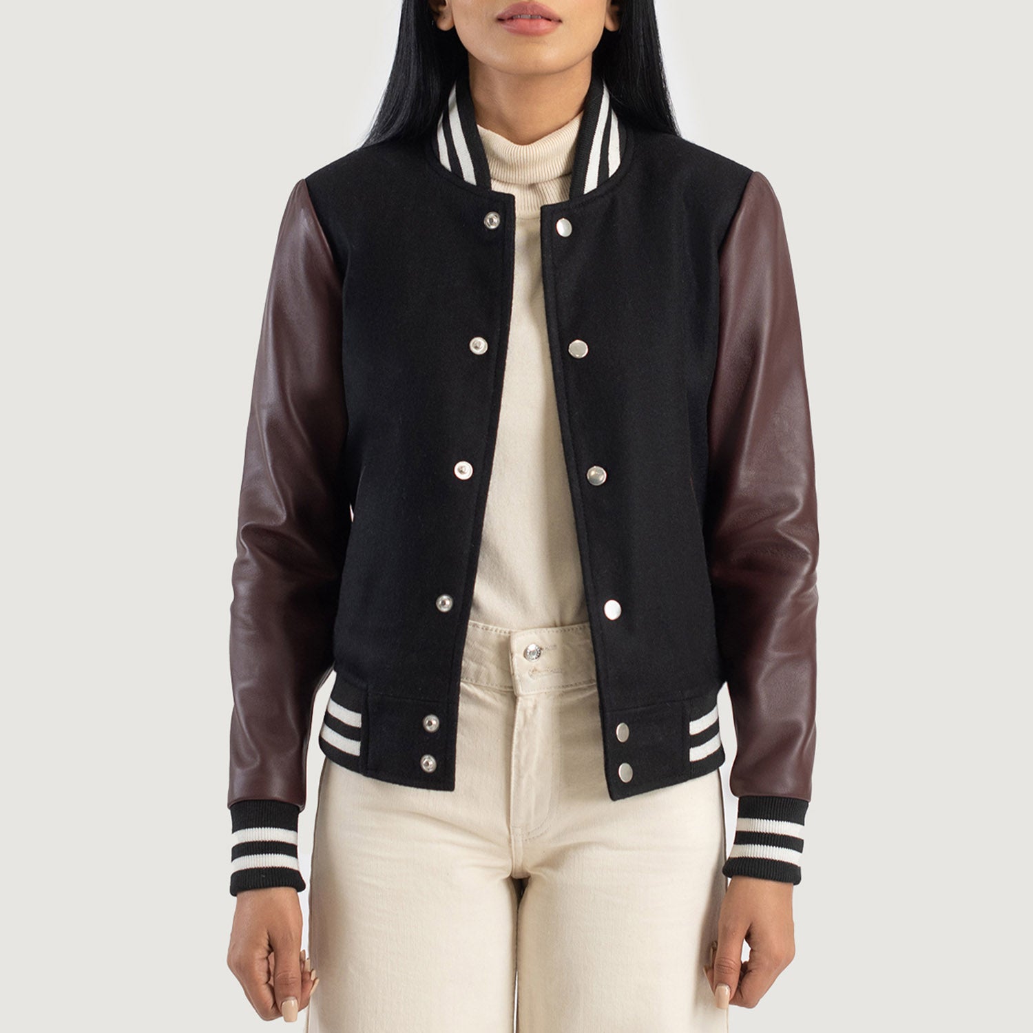 Savant Hybrid Black-Maroon Varsity Jacket For Women