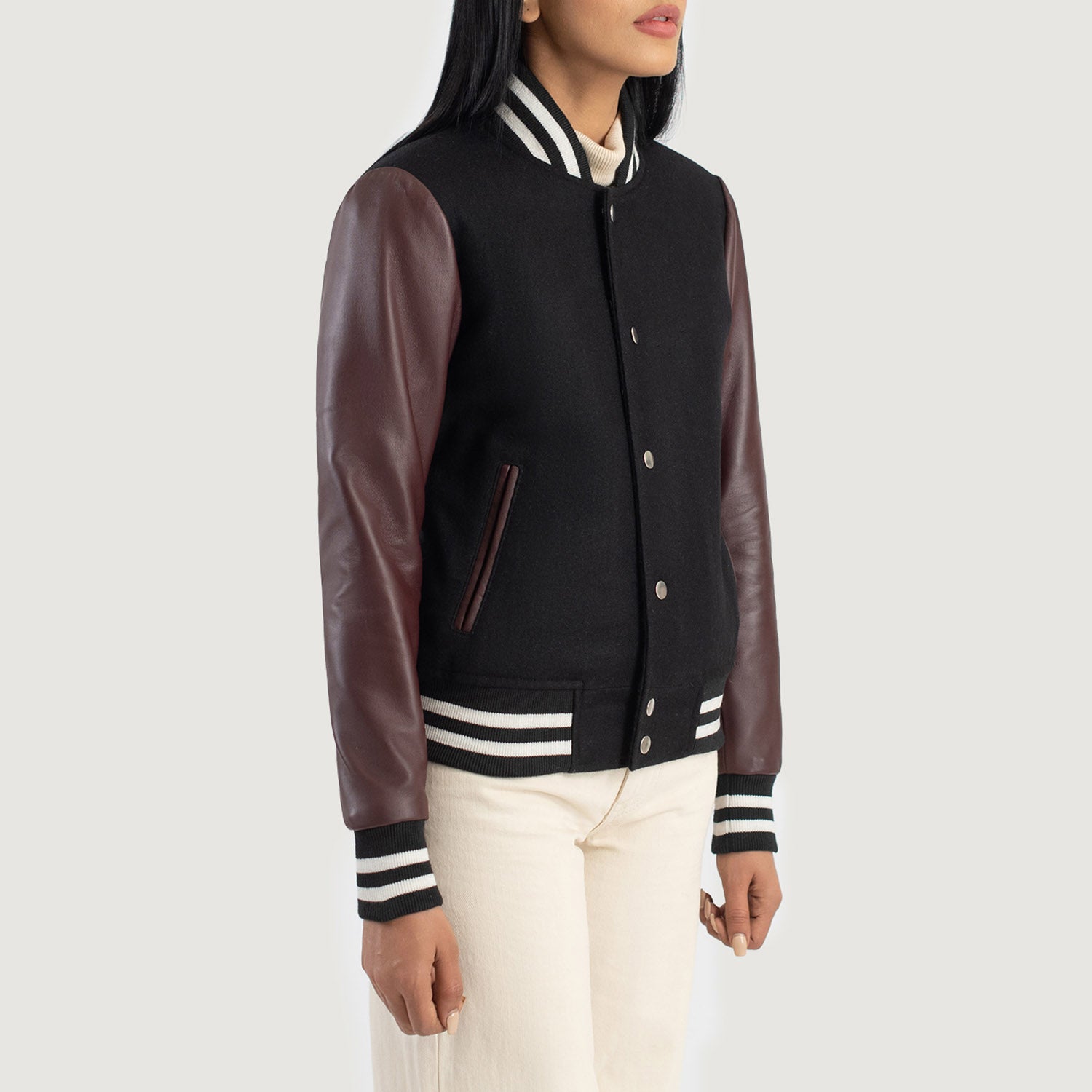 Savant Hybrid Black-Maroon Varsity Jacket For Women