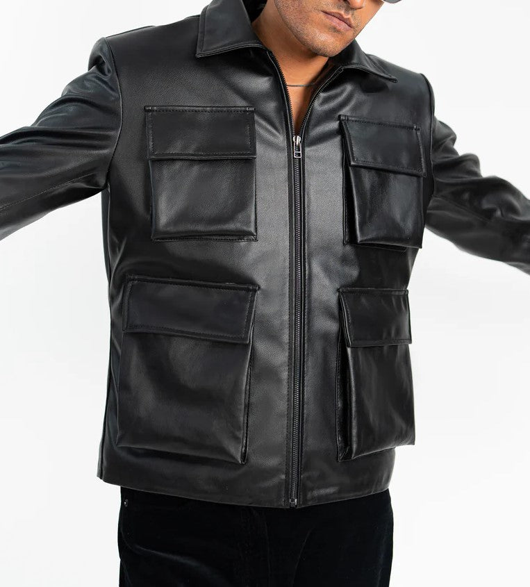 Model Wearing Aurified Quadro Faux Leather Jacket – Four-Pocket Vegan Leather Luxury Look for Men