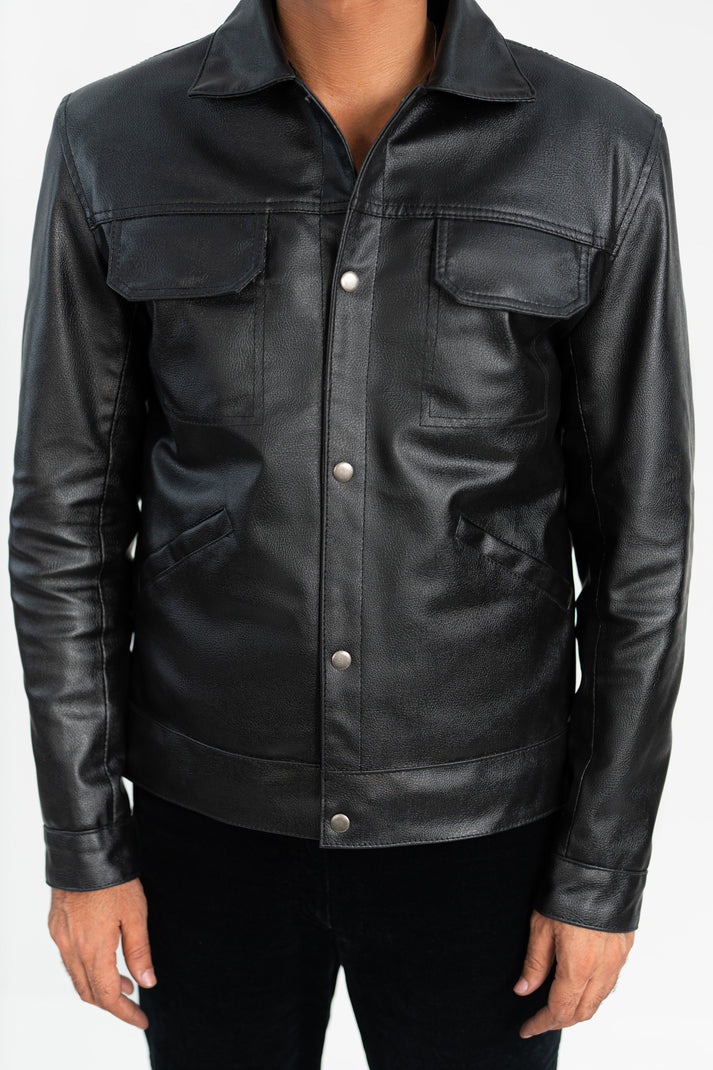 Close-up of classic stand collar and stitching on Aurified Duvero faux leather jacket