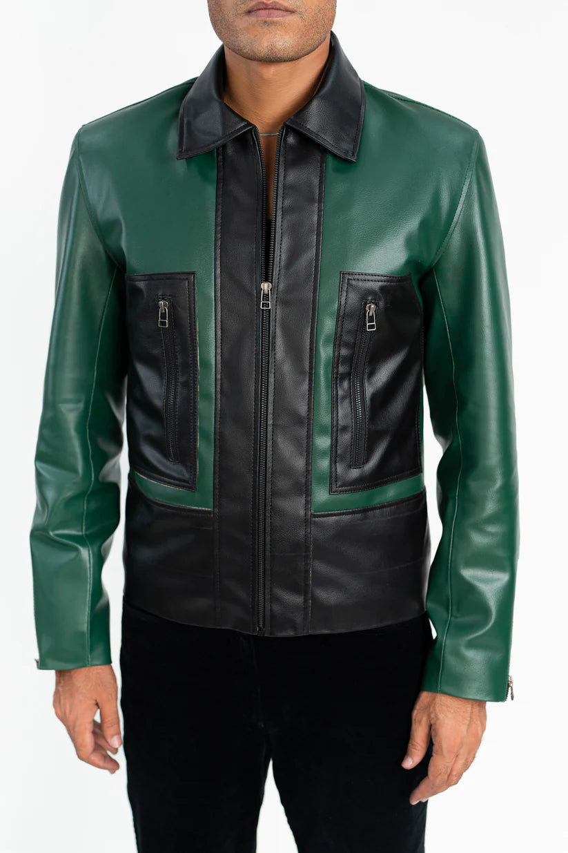 Premium YKK zipper detail on Aurified Virid Luxe Faux Leather Jacket