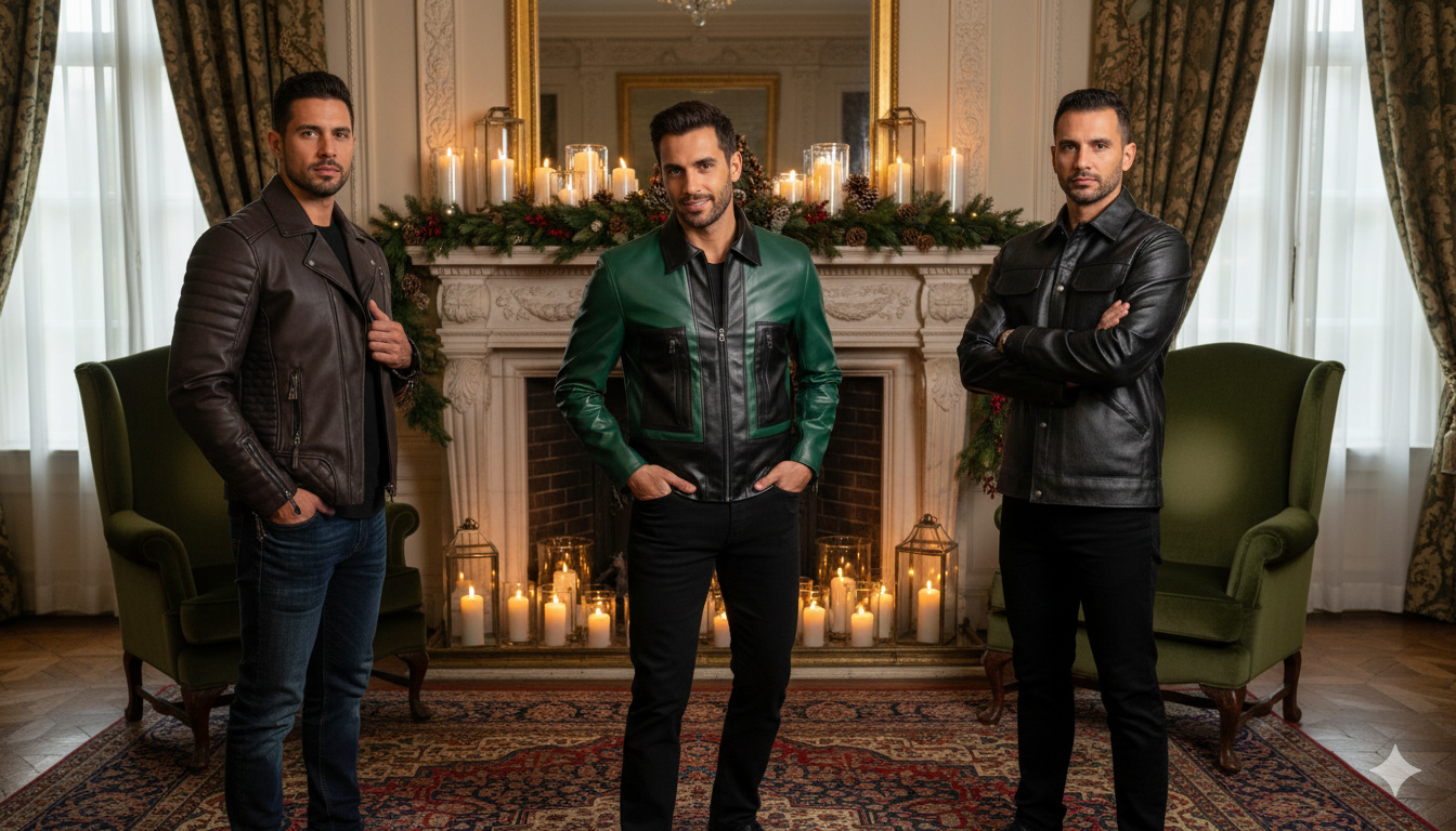 Three models wearing Aurified winter luxe leather jackets — showcasing new winter collection in modern minimalist style, premium craftsmanship, and sustainable outerwear design.