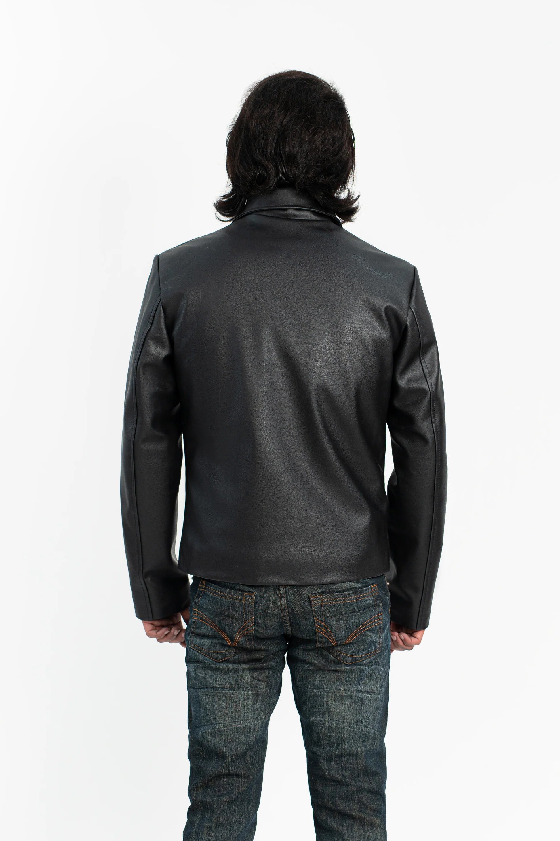 Back View of Classic Zipper Faux Leather Jacket with Clean Silhouette