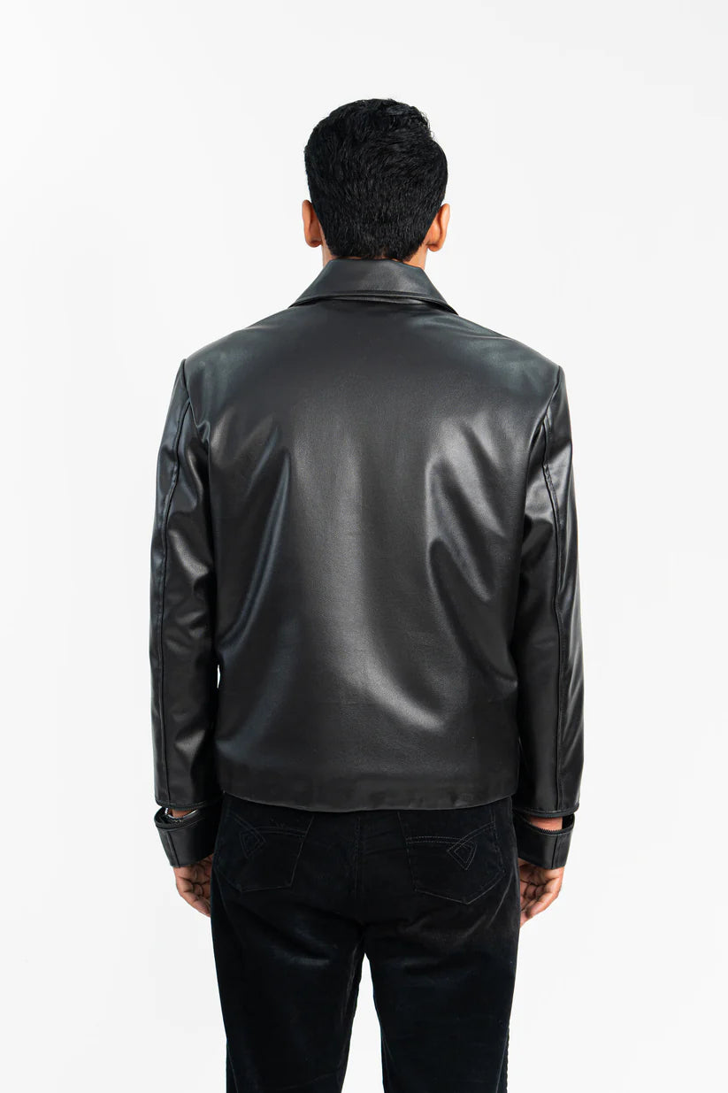 Back View of Aurified Quadro Faux Leather Jacket, Premium Sustainable Vegan Leather Finish