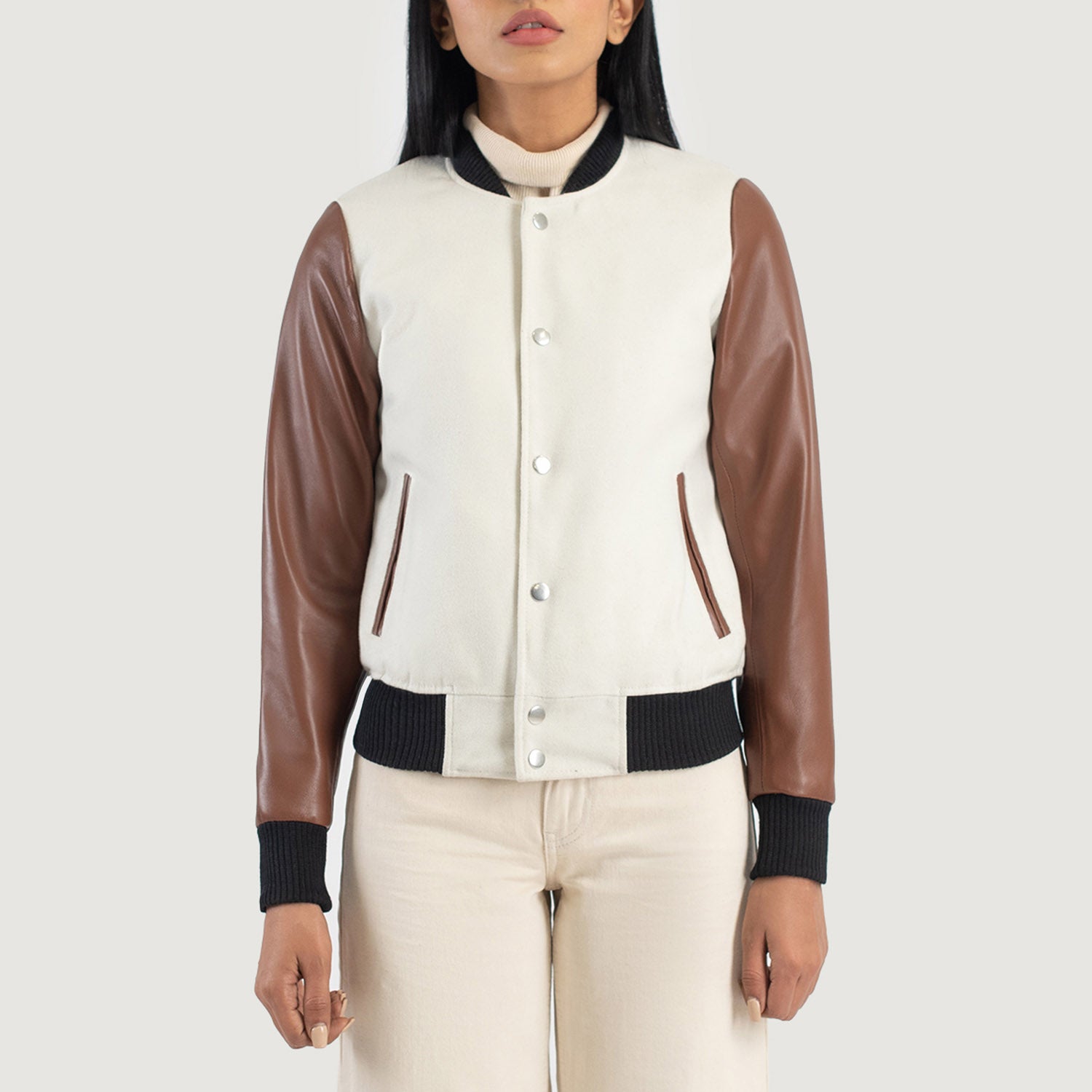 Savant Hybrid Black-White Varsity Jacket For Women
