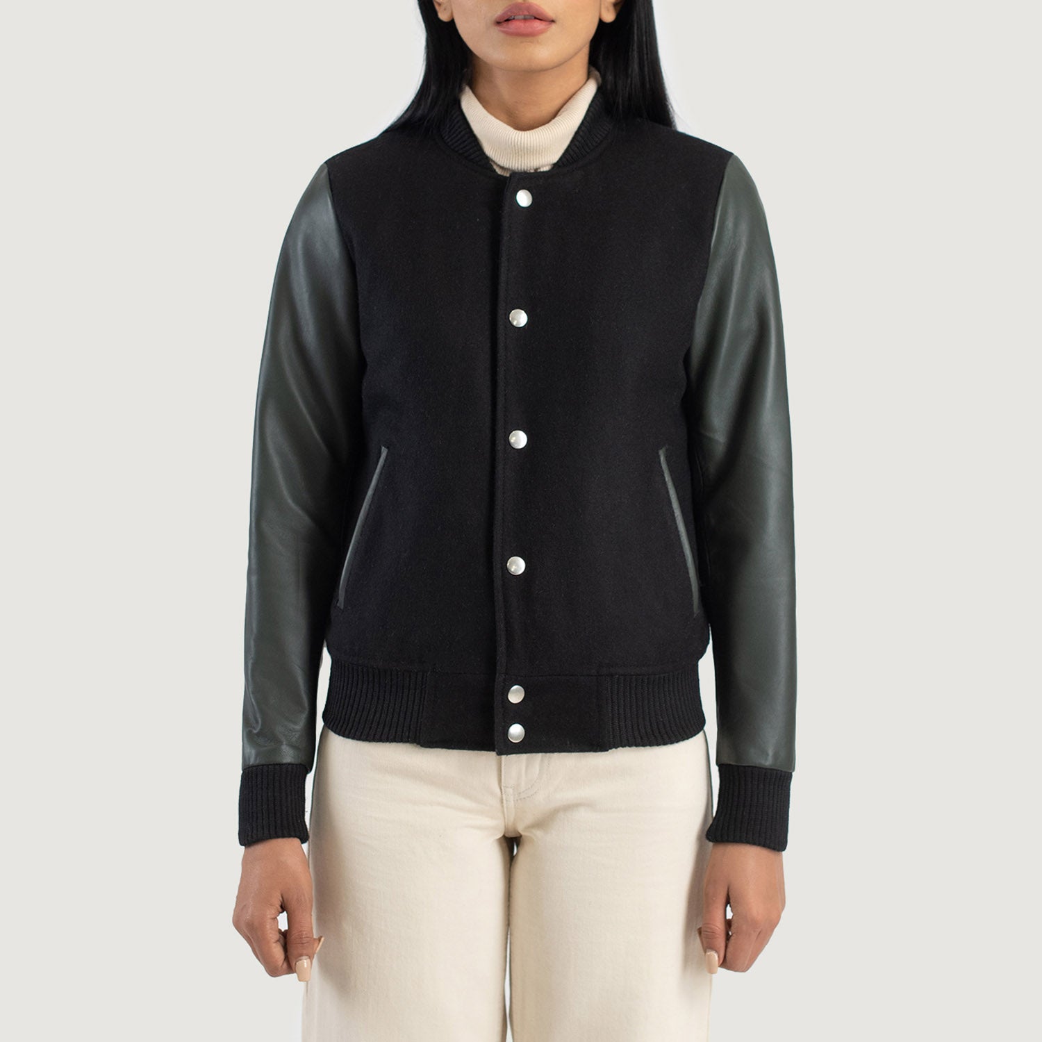 Savant Hybrid Black-Green Varsity Jacket For Women