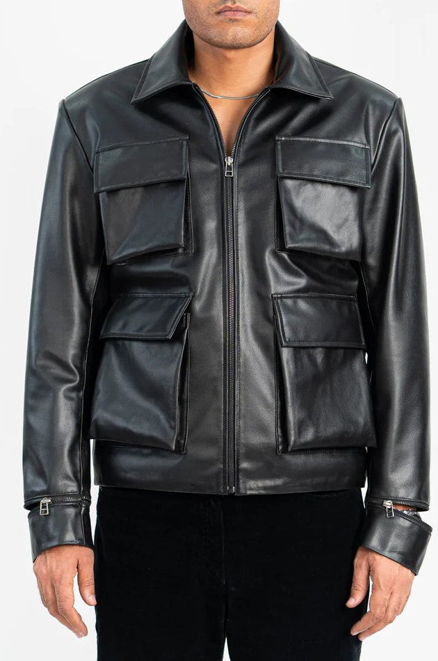 Aurified Quadro Faux Leather Jacket – Front View, Premium Four-Pocket Vegan Leather Design for Men