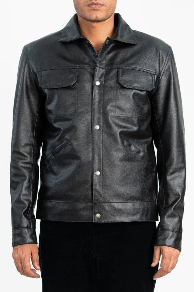 Aurified Duvero Faux Leather Jacket – front view, premium vegan leather dual-pocket design