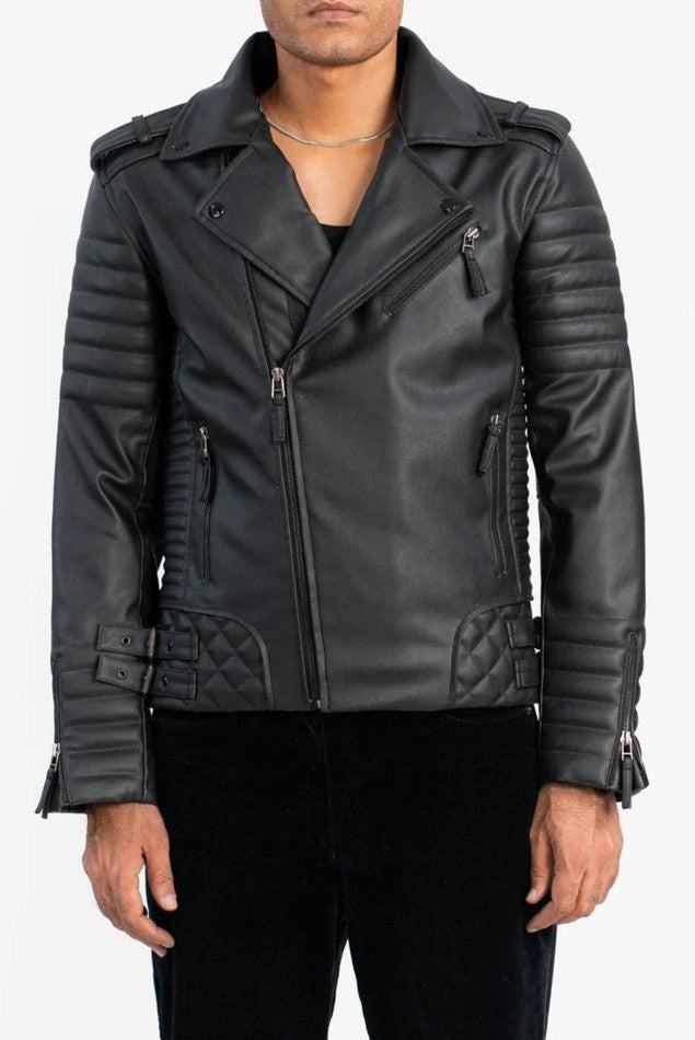 Quilted Faux Leather Jacket – Front View of Men’s Premium Vegan Leather Outerwear with Diamond Quilted Design