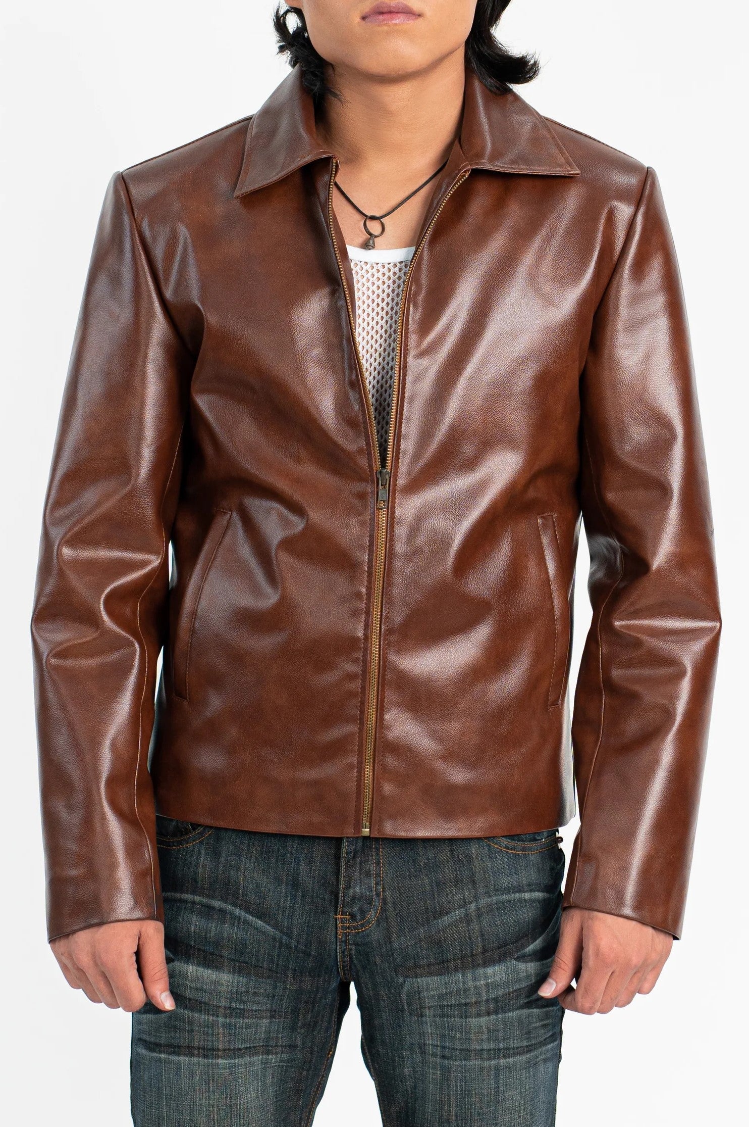 Aurified Luxury Iconic Brown Zipper Faux Leather Jacket – Front View in Premium Vegan Leather