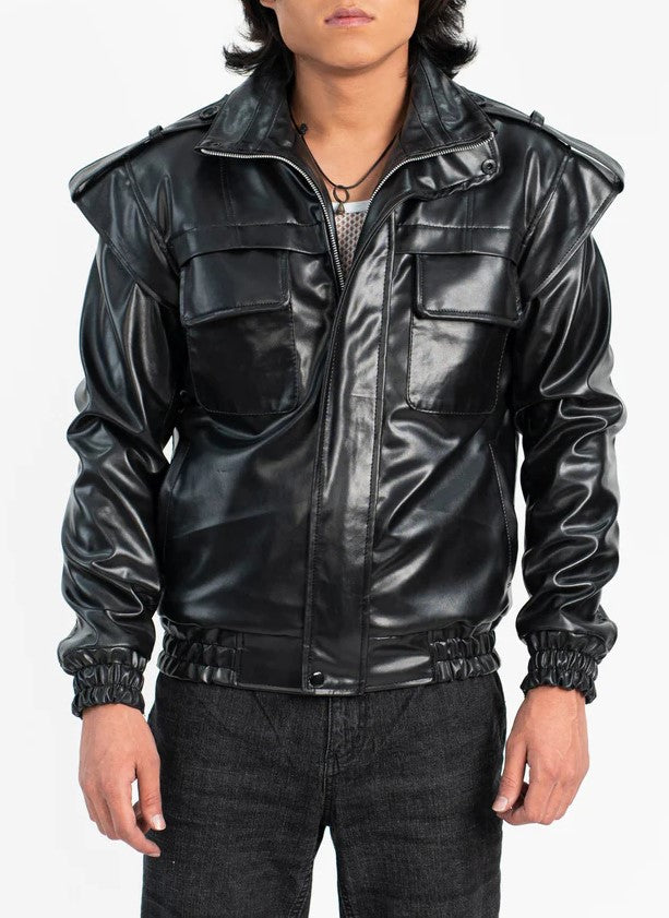 Aurified Éclat Faux Leather Jacket – Front View, Premium Black Vegan Leather Design for Modern Luxury