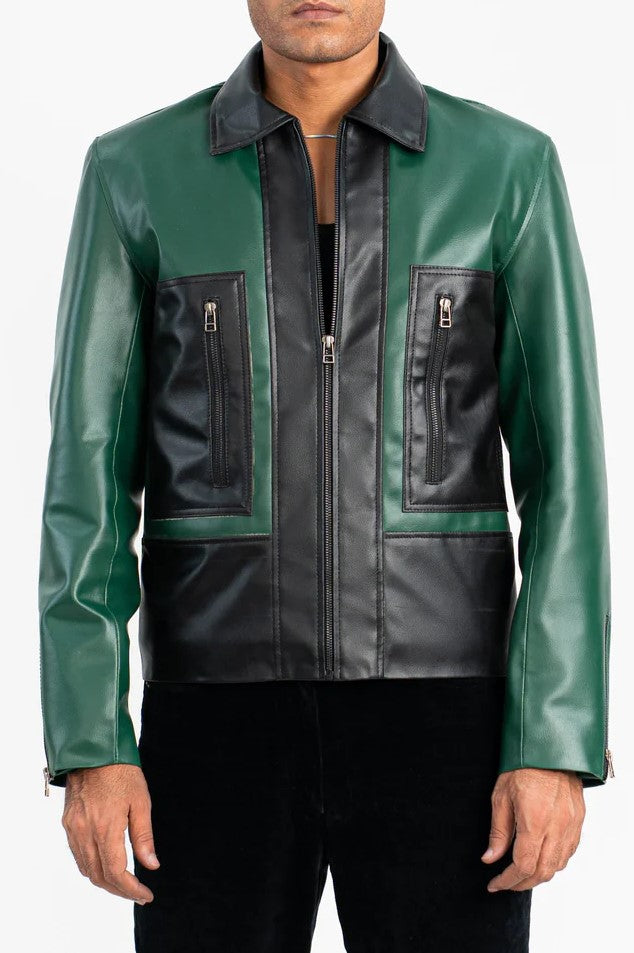 Aurified Virid Luxe Faux Leather Jacket – front view in forest green vegan leather