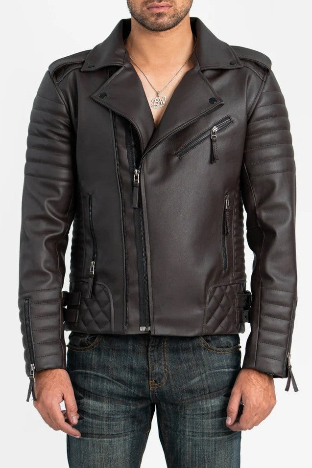 Aurenza Brown Quilted Faux Leather Jacket – Front View in Premium Vegan Leather