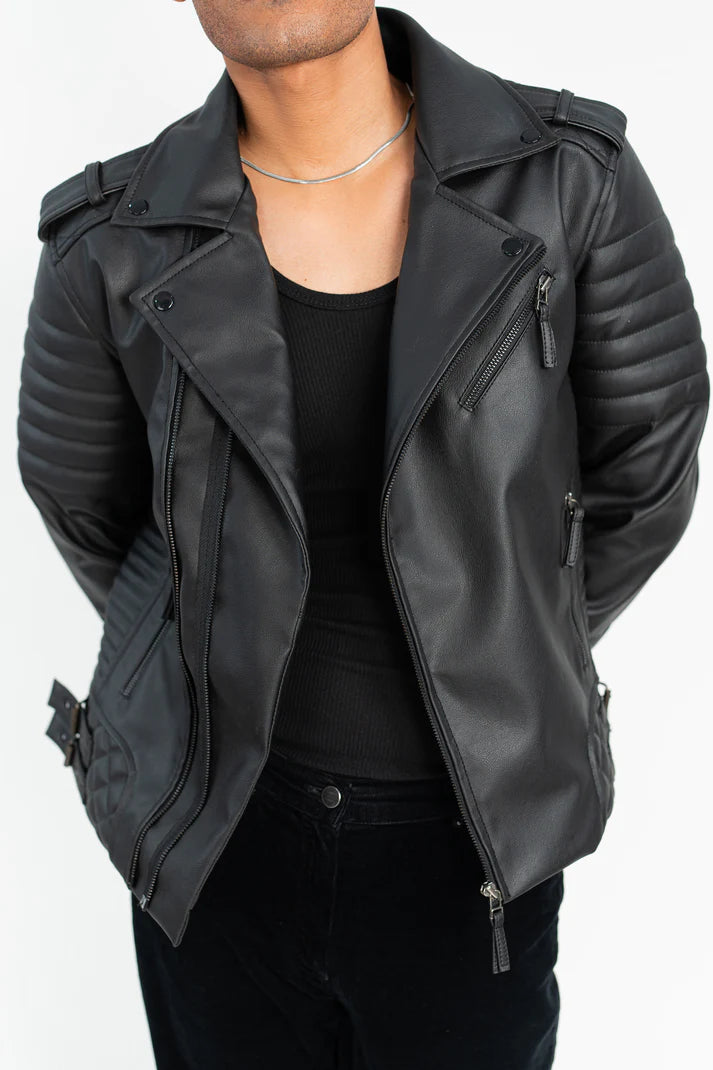 Close-up of Stand Collar with Snap Button on Luxe Quilted Faux Leather Jacket